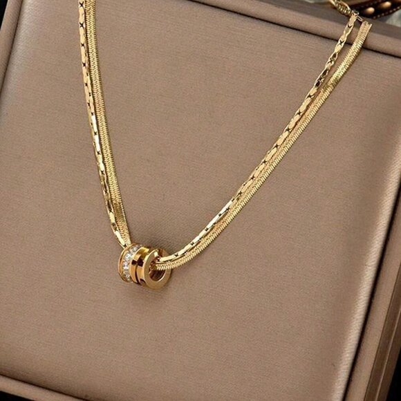 Jewelry - Silver Casual Women's Stainless Steel Round Cz Inlaid Double Layer Necklace